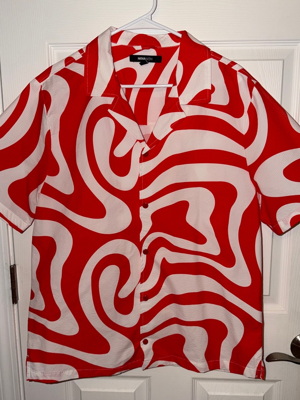 Fashion Nova Red and White Swirl Camp Shirt